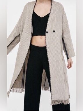 Zara Linen Striped Midi Duster Wrap Coat| Fringe | Belt | Size L